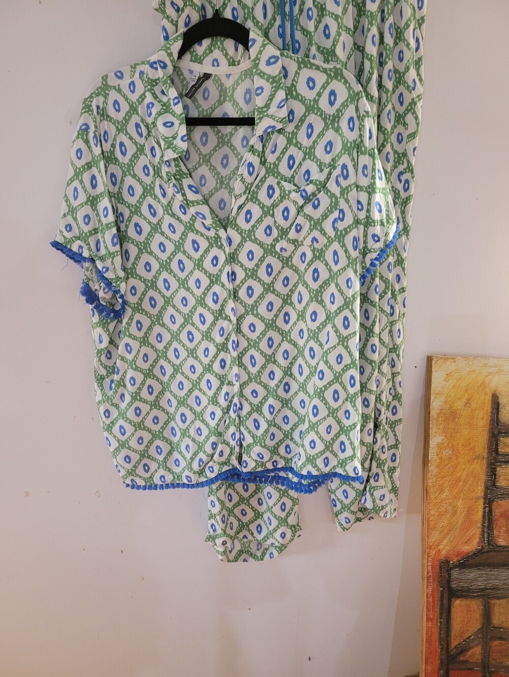 Jaclyn Intimates 1X Green & Blue Geometric Button-Front Pajama Set